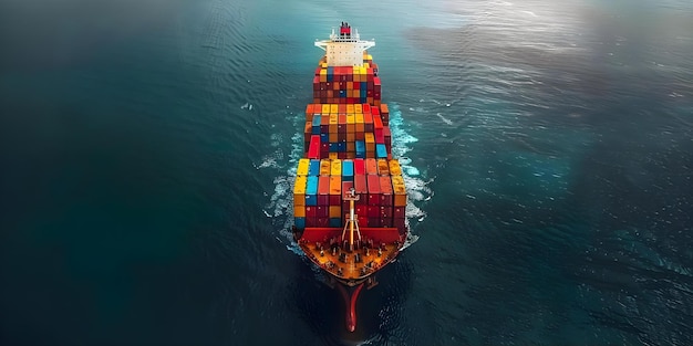 Vue aérienne d'un navire de fret en mer chargant des conteneurs pour la logistique de l'import-export Concept Navire de cargo vue aérienne Logistique d'import-export chargement de conteneurs Logistique maritime