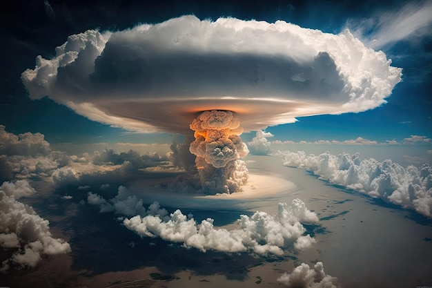 Vue aérienne d'un nuage de champignons se propageant dans le ciel créé avec une IA générative