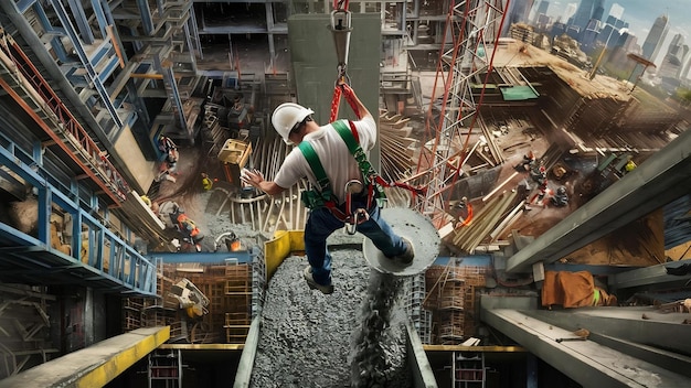 Photo vue aérienne d'un ouvrier du bâtiment versant du béton sur un chantier