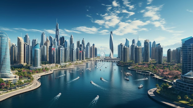 Vue aérienne panoramique des toits de la marina de Dubaï avec la grande roue Dubai Eye Émirats Arabes Unis