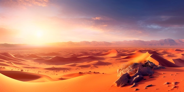 Vue aérienne panoramique d'un vaste paysage désertique avec des dunes de sable doré sans fin s'étendant à perte de vue entrecoupées d'oasis et de caravanes de chameaux AI générative