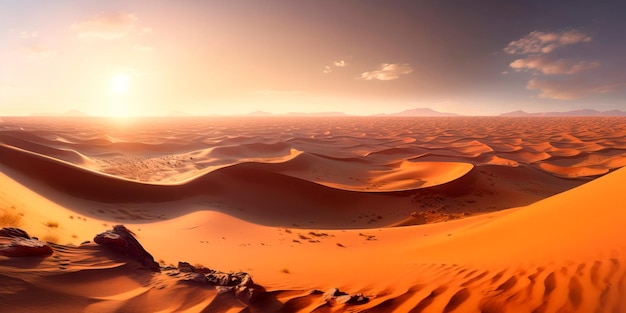Vue aérienne panoramique d'un vaste paysage désertique avec des dunes de sable dorées sans fin qui s'étendent aussi loin que l'œil peut voir, entrecoupées d'oasis et de caravanes de chameaux.