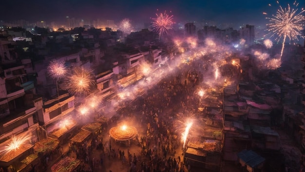 Une vue aérienne panoramique d'une ville en Inde avec des feux d'artifice et des lumières illuminant le ciel nocturne