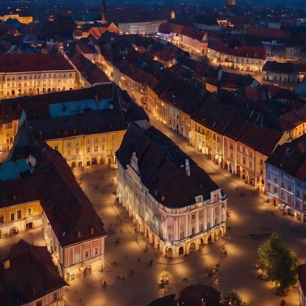 Vue aérienne par drone de la grande place de Sibiu la nuit, en Roumanie, le vieux centre-ville décoré