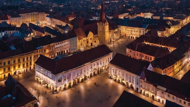 Vue aérienne par drone de la grande place de Sibiu la nuit, en Roumanie, le vieux centre-ville décoré
