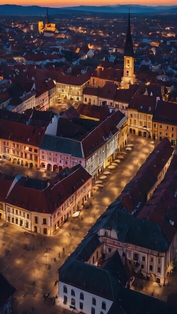 Vue aérienne par drone de la grande place de Sibiu la nuit, en Roumanie, le vieux centre-ville décoré