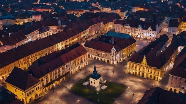 Vue aérienne par drone de la grande place de Sibiu la nuit, en Roumanie, le vieux centre-ville décoré