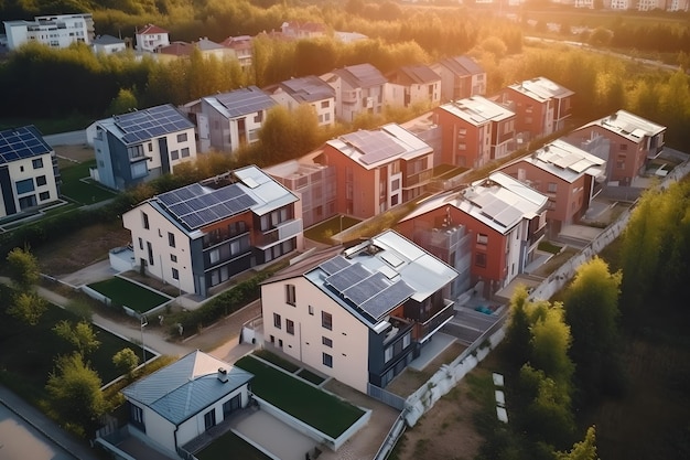 Vue aérienne par drone d'un quartier résidentiel moderne avec des panneaux solaires photovoltaïques Generative Ai