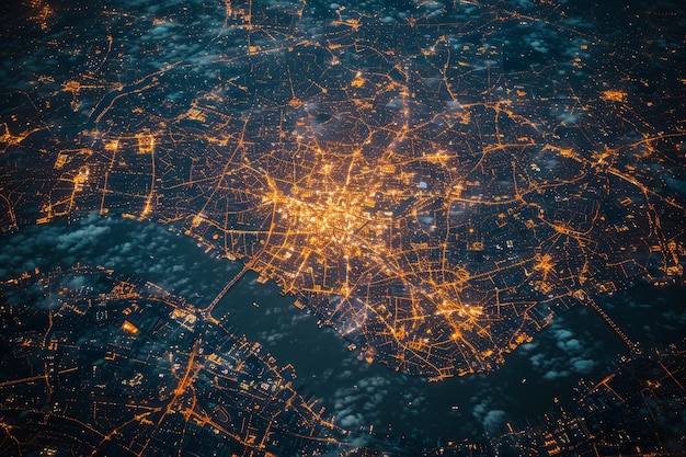 Vue aérienne par satellite d'une ville urbaine la nuit avec des lumières brillantes