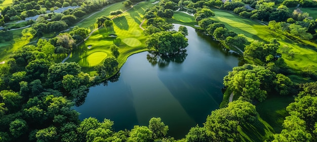 Vue aérienne d'un parcours de golf luxuriant avec des obstacles d'eau sereins