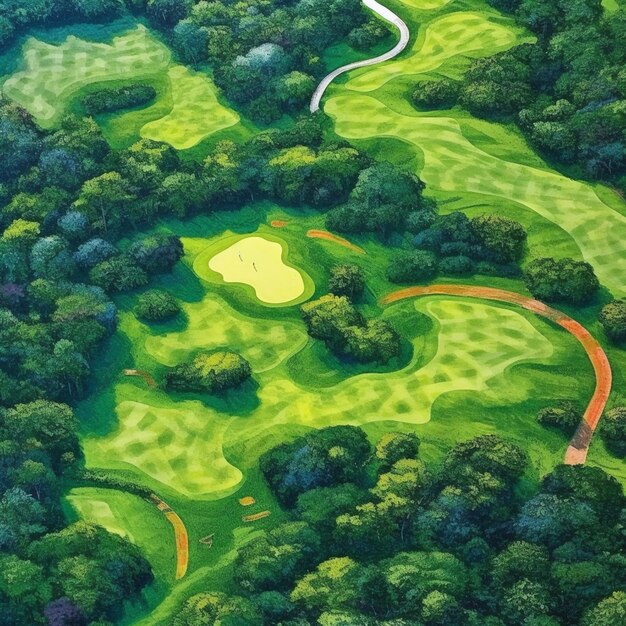 Vue aérienne d'un parcours de golf avec un marqueur de parcours vert et rouge