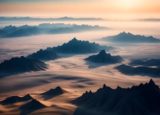 Vue aérienne d'un paysage désertique avec des formations rocheuses et du sable au coucher du soleil