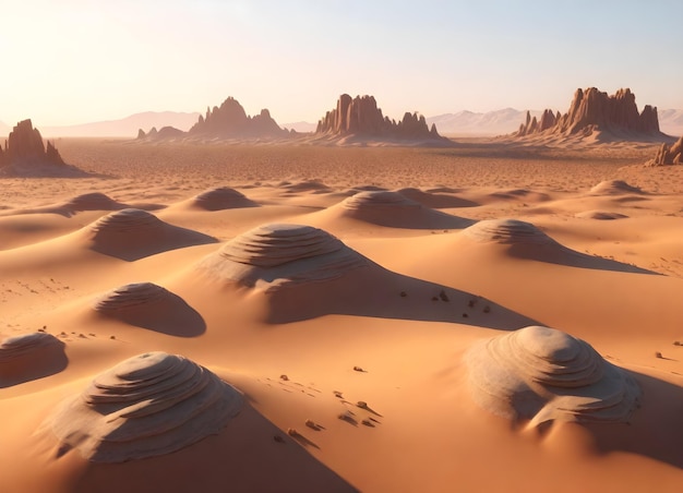 Vue aérienne d'un paysage désertique avec des formations rocheuses et du sable au coucher du soleil