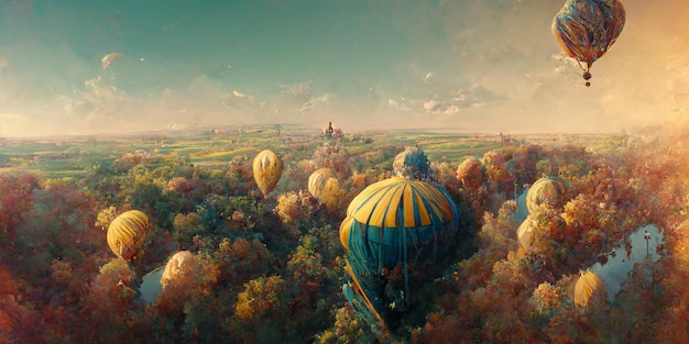 Vue aérienne d'un paysage européen depuis une montgolfière avec un couple aimant, rendu 3d