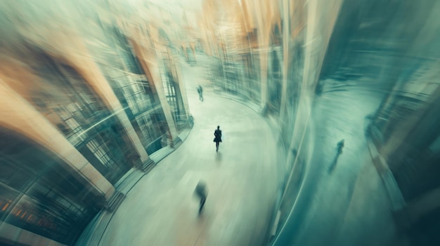 Vue aérienne personne marchant l'espace liminal déformé à l'envers du début boucle labyrinthe installé avec des miroirs mouvement flou vitesse d'obturation lente