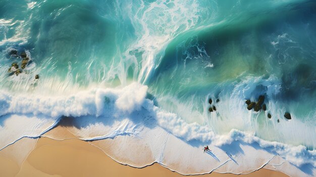 vue aérienne d'une personne sur une planche de surf chevauchant une vague Generative AI