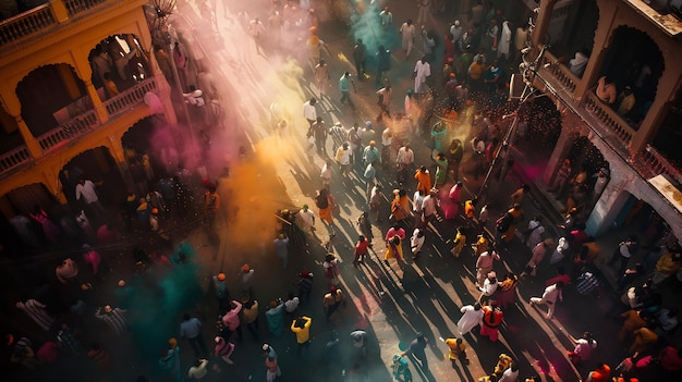 Vue aérienne de personnes célébrant le festival des couleurs sacrées dans la rue de Barsana
