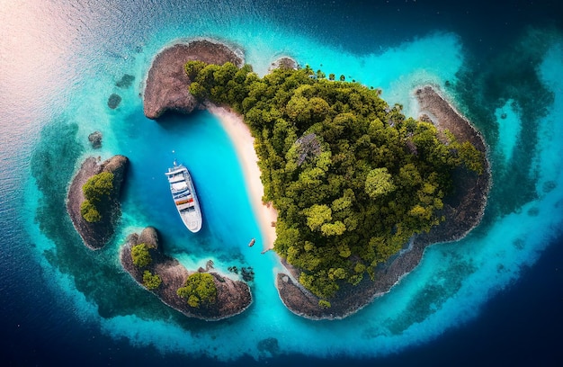 Vue aérienne de la petite île paradisiaque et du yacht pour le concept de voyage d'été