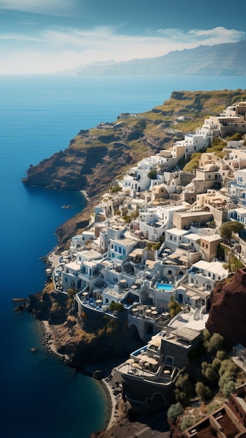 vue aérienne d'une petite ville sur une falaise surplombant l'océan IA générative