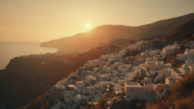 Vue aérienne d'une petite ville sur l'île de santorin au coucher du soleil.