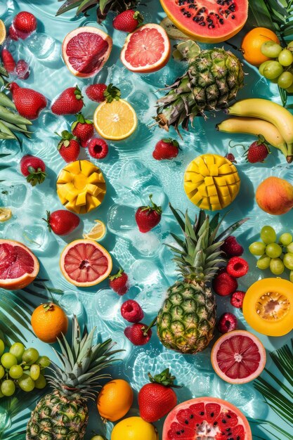 Photo vue aérienne d'une piscine pleine de fruits tropicaux d'été