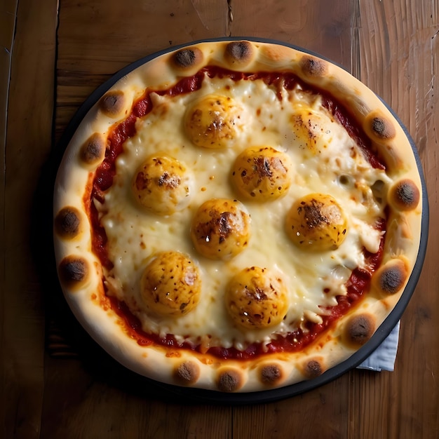 Une vue aérienne d'une pizza au fromage entier avec une croûte dorée et du fromage bouillonnant gneurée par l'IA