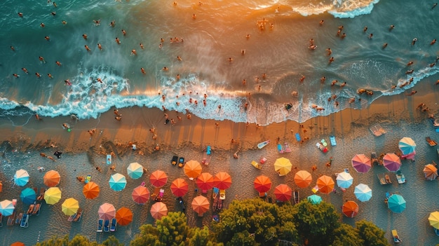 Photo vue aérienne d'une plage animée avec des parapluies colorés, des baigneurs et des nageurs.