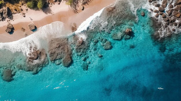 vue aérienne d'une plage avec une eau turquoise