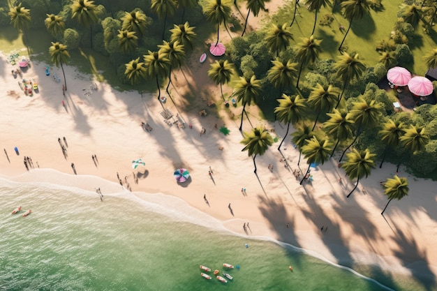 Vue aérienne d'une plage avec des palmiers et une scène de plage