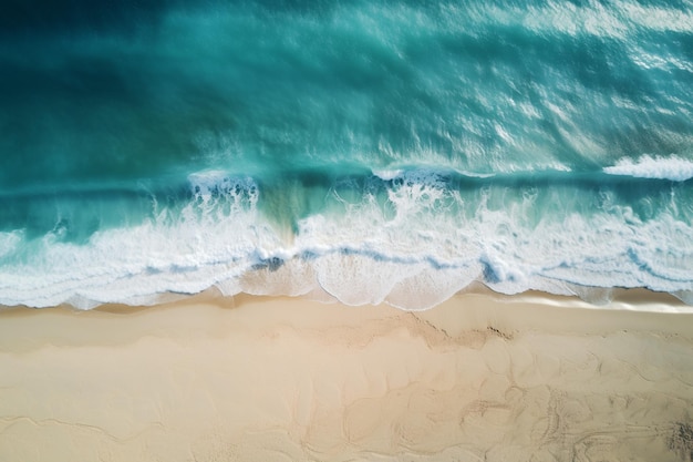 vue aérienne d'une plage avec une planche de surf et des vagues génératives ai