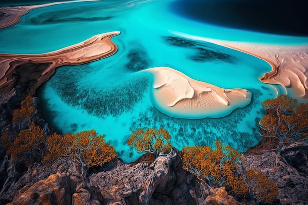Une vue aérienne d'une plage de sable avec un océan bleu et vert.