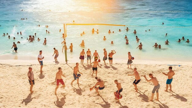 Photo vue aérienne d'une plage de sable avec des touristes nageant