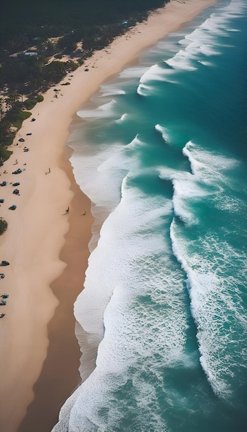 Vue aérienne de la plage de sable et des vagues de l'océan Photo de drone