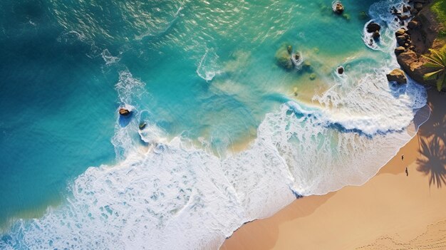 Une vue aérienne d'une plage tropicale aux eaux turquoises