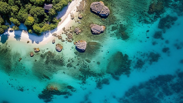 Photo vue aérienne d'une plage tropicale isolée île avec des formations rocheuses palmiers