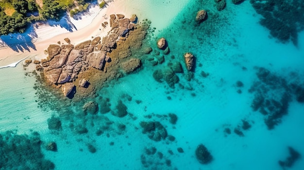 Photo vue aérienne d'une plage tropicale isolée île avec des formations rocheuses palmiers