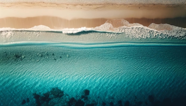 Vue aérienne d'une plage tropicale, des vagues douces et une plage de sable