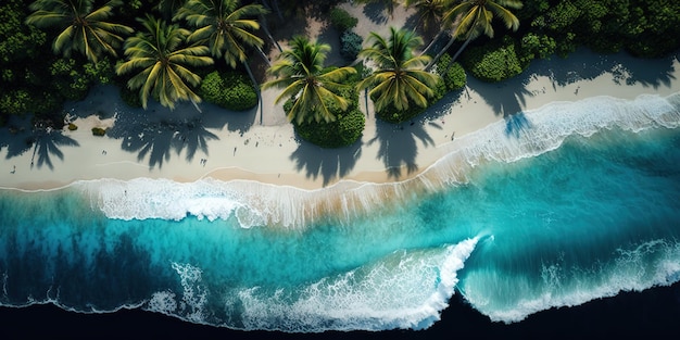 vue aérienne de la plage avec vague d'eau bleue et palmiers