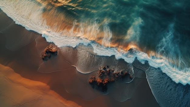 Une vue aérienne d'une plage avec des vagues se brisant sur le sable