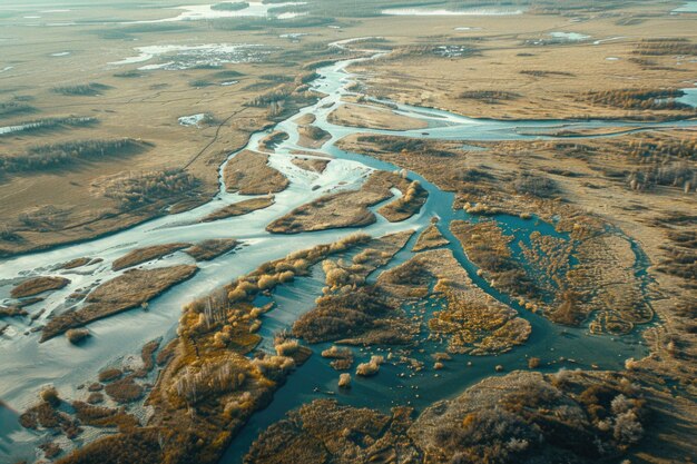 Vue aérienne de la plaine sibérienne avec ses rivières et ses lacs