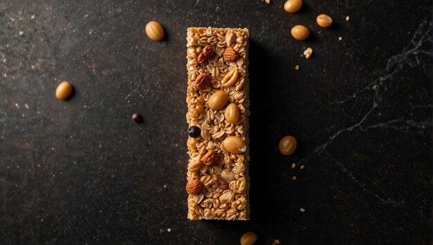 Photo vue aérienne plate de la barre de protéines énergétiques et de la barre de granola de céréales saines