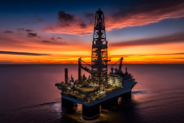 Vue aérienne de la plate-forme de forage offshore à l'emplacement offshore pendant le coucher du soleil Art généré par le réseau de neurones