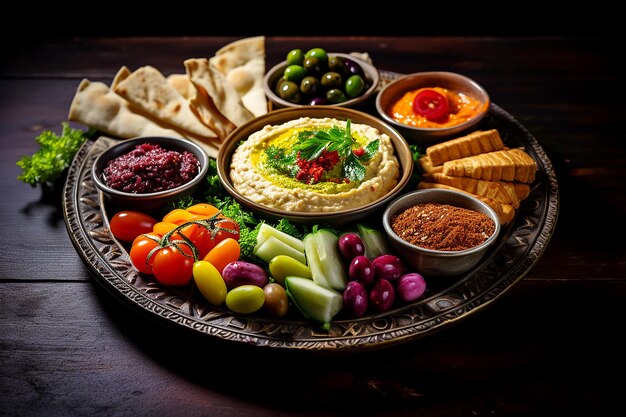 Vue aérienne d'un plateau de mezze de houmous et de pain pita entouré de tomates fraîches, d'olives et de tzatziki végétalien sur une table rustique blanche