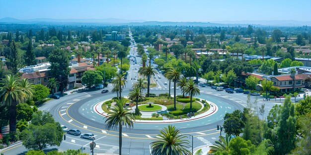 Vue aérienne en plein air du rond-point de Brentwood California Shopping Center avec des palmiers