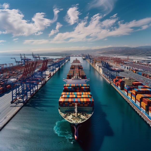 Vue aérienne d'un porte-conteneurs dans le port sous un ciel bleu avec des nuages