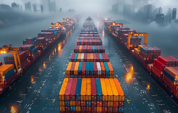 Vue aérienne d'un porte-conteneurs en mer avec brouillard Concept d'affaires et de logistique dans le transport maritime de conteneurs