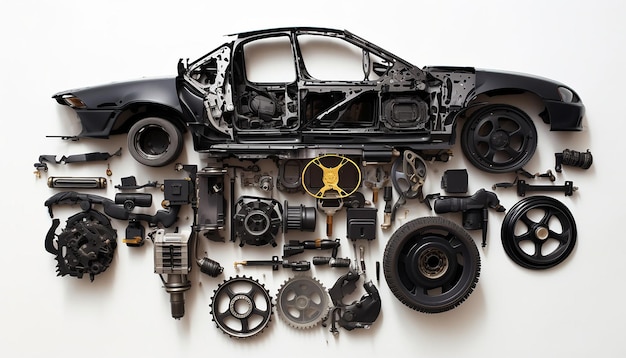 Photo vue aérienne d'un puzzle composé de pièces de voiture sur un fond blanc propre