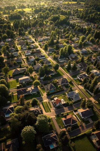 Vue aérienne d'un quartier de banlieue moderne créé avec une IA générative