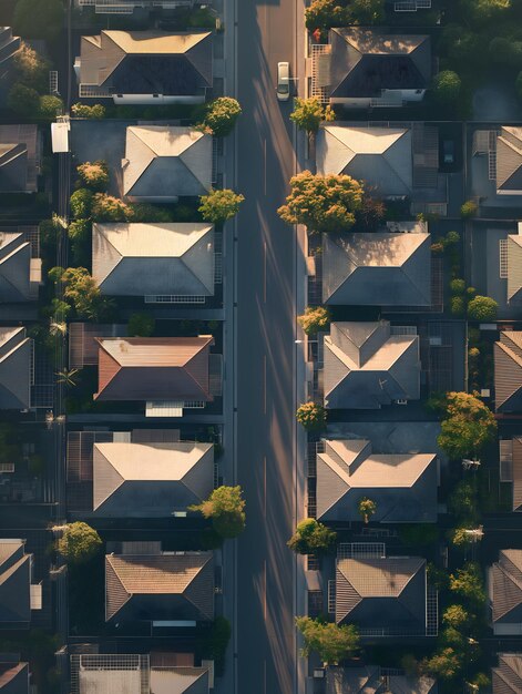 Vue aérienne d'un quartier de banlieue avec des panneaux solaires au coucher du soleil