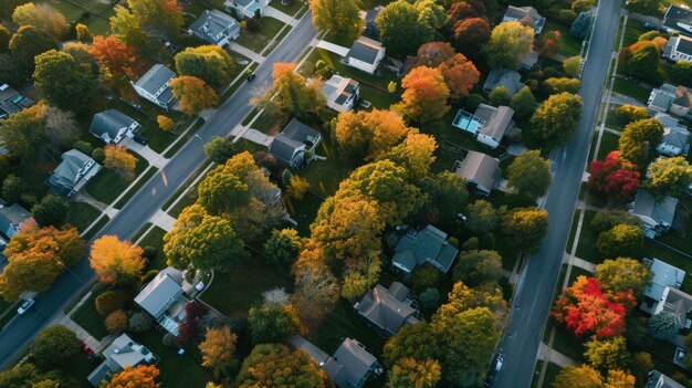 Vue aérienne d'un quartier coloré de l'automne